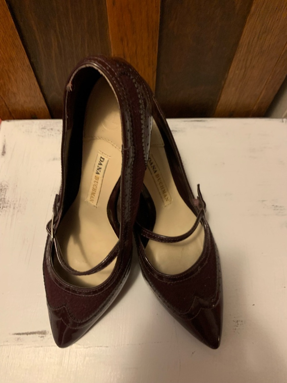 Dana Buchman Pointed Mary Jane Pumps in Burgundy Patent and Suede